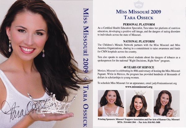 Miss Missouri maximizes her public appearances with printed postcards driving traffic to her Website and agent for booking paid appearances